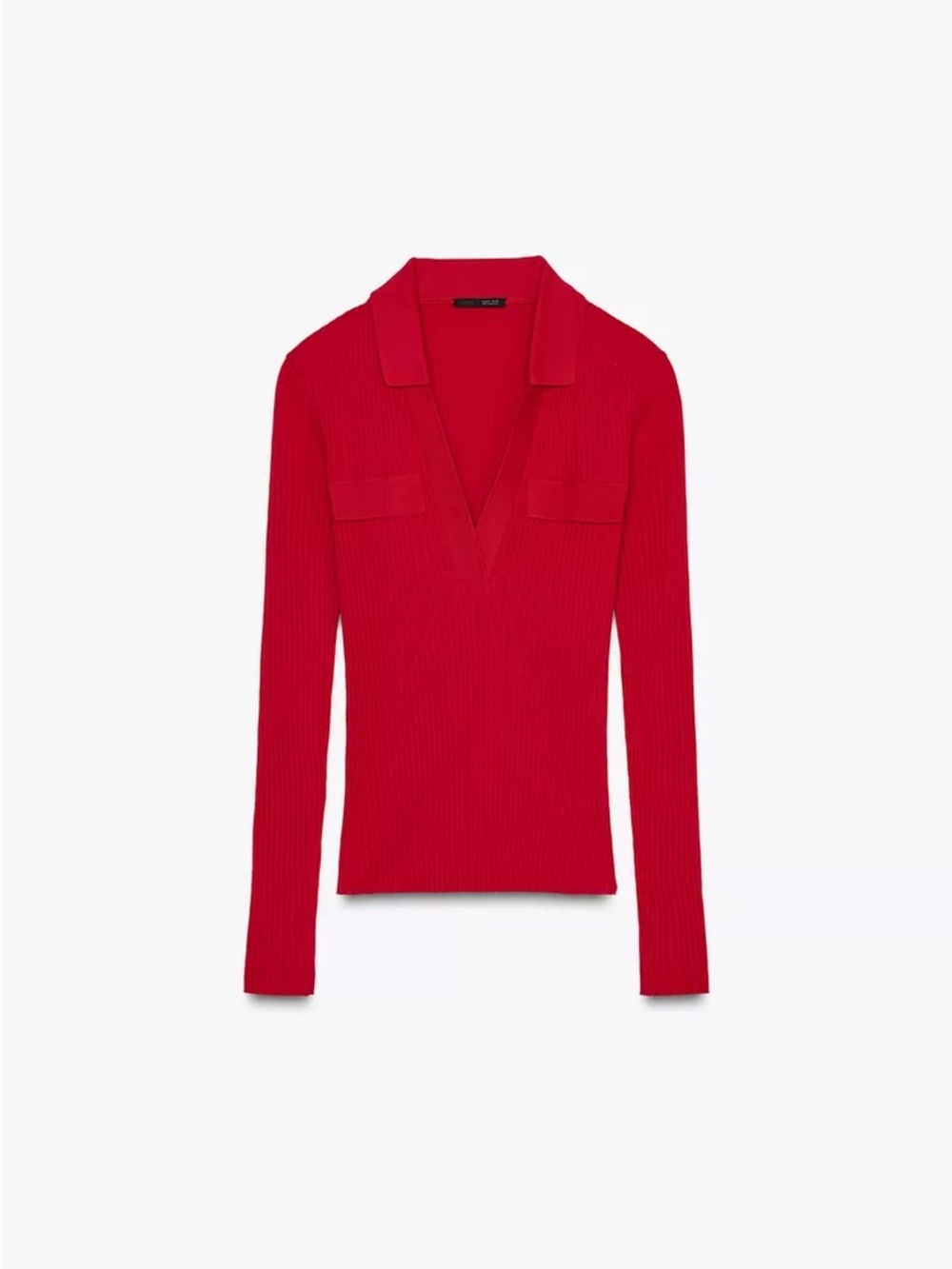 Zara Red Ribbed Long Sleeve V-Neck Knit Top size L